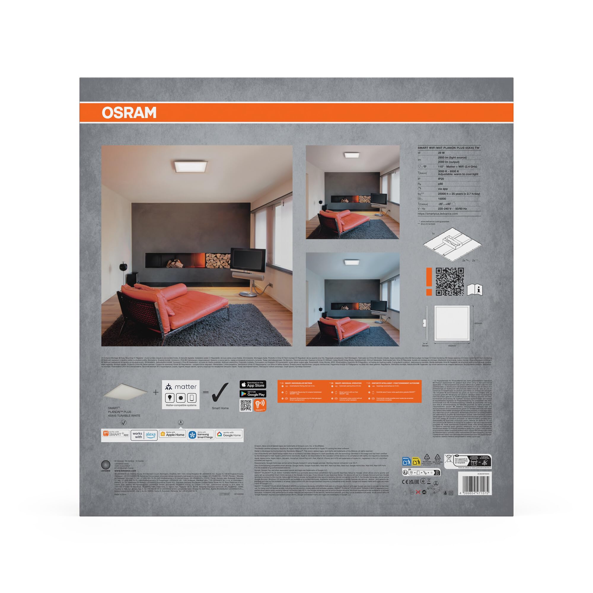 OSRAM SMART+ Matter PLANON PLUS PANEL LED ZMIENNA BIEL, 450x450mm, 28W, 2000lm, 3000-6500K, Matter WLAN