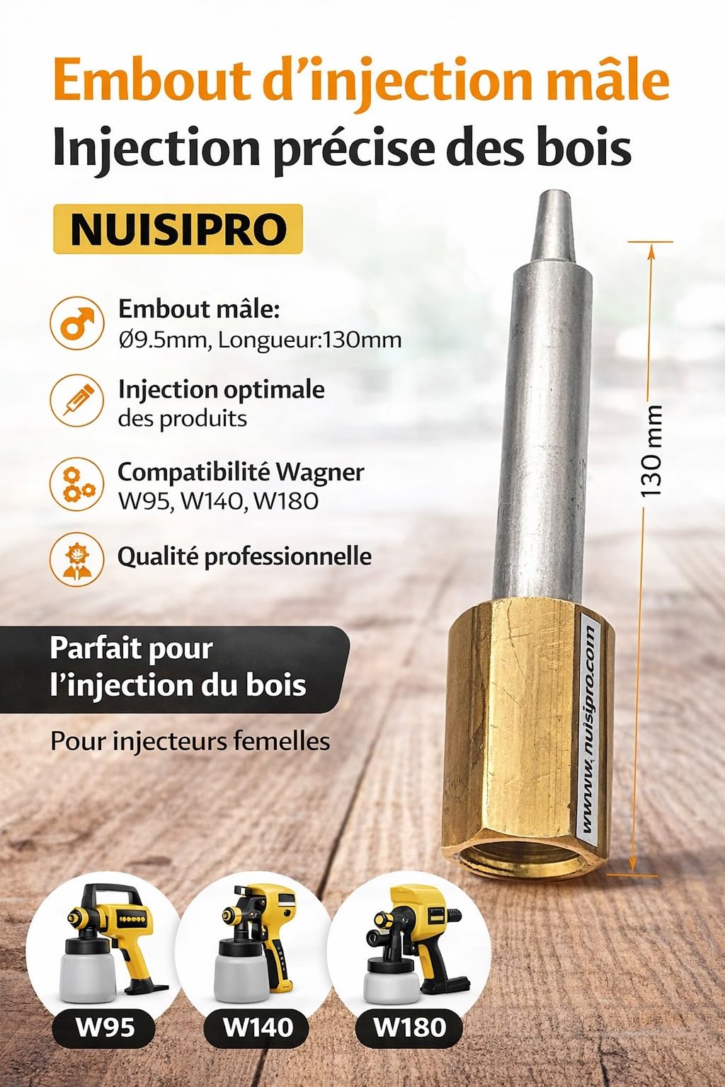 NUISIPRO - Canne d'Injection Mâle - Embout mâle - Injection précise des bois