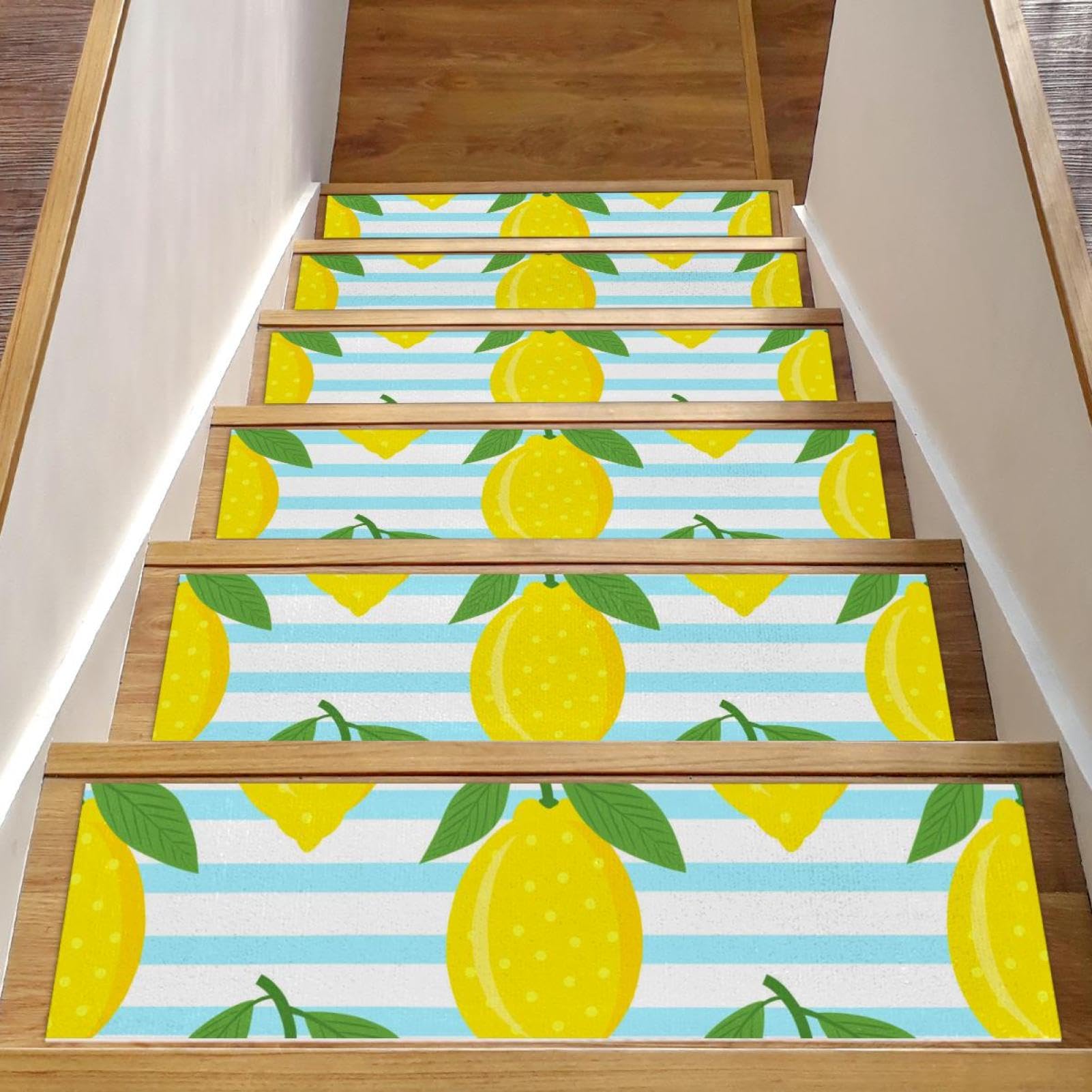 Alfombras para peldaños de escalera a rayas azules tapete interiores madera