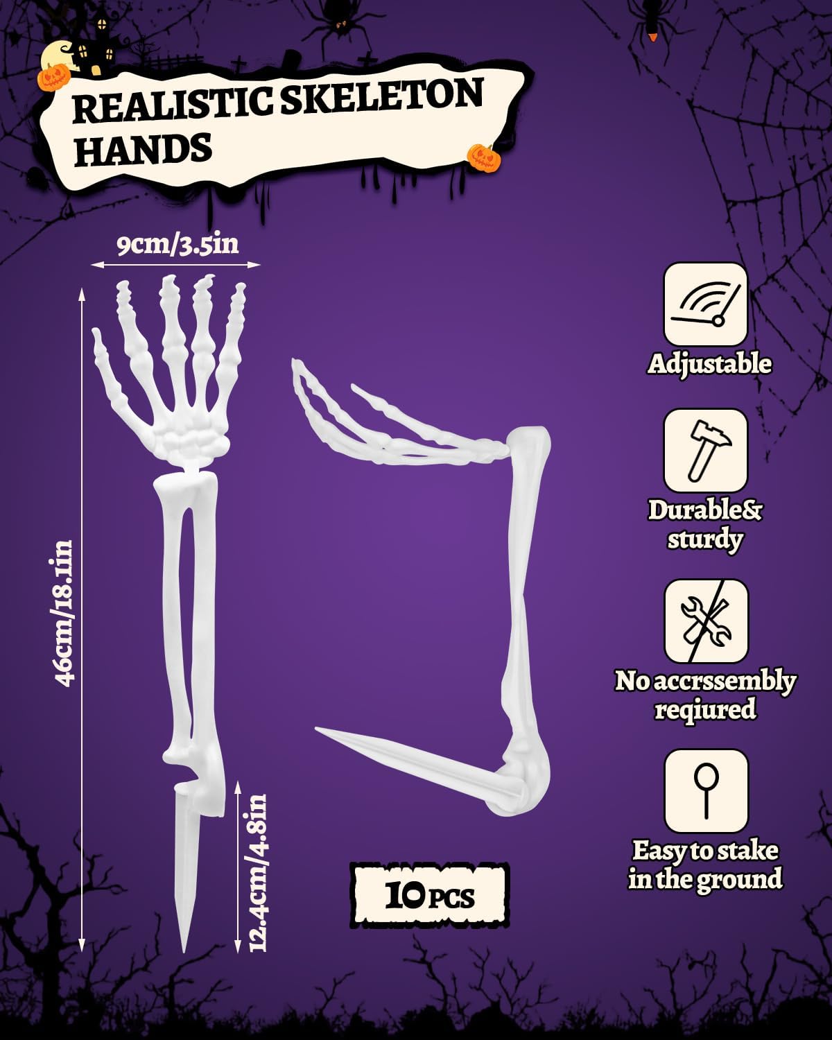 10 PCS Halloween Skeleton Hands Decoration, Skeleton Arms with Lawn Stakes, Skeleton Hands for Garden Lawn Graveyard Decor, Skeleton Stakes Yard Sign, Outdoor Indoor Party Supply, Halloween Props