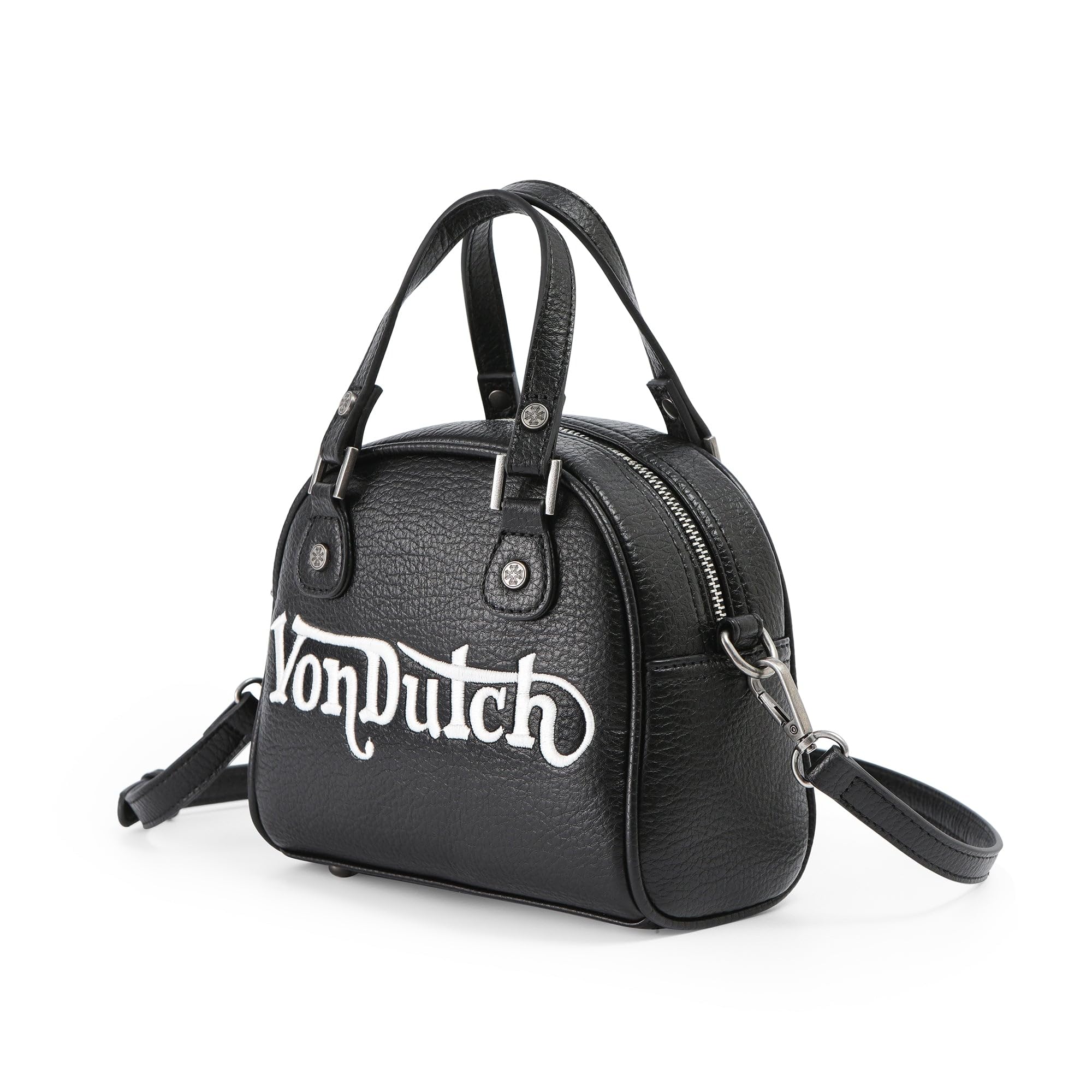 Von Dutch Bowling Bag Purse, Small Bag Crossbody Strap and Top Handles, 8" L x 7" H x 7.5" W, Y2K Purse (Black and White)