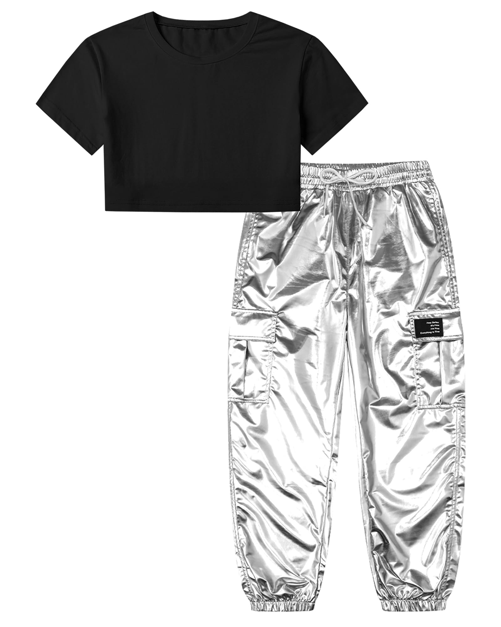 Betusline Girls 2 Piece Outfit Set, Short Sleeve Crop Top & Cargo Jogger Pants Trendy Casual Clothes, Girl Clothes Set,4T-14Y