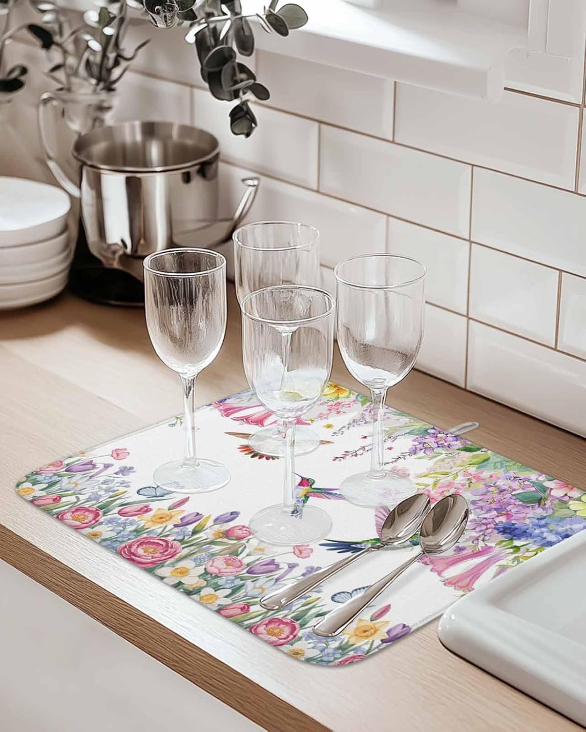 Dish Drying Mat 18 x 24 Inch, Watercolor Flowers Absorbent Microfiber Coffee Mats for Kitchen Spring Hummingbird Butterflly Floral Quick Drying Dish Drainer Pad 2 Pack