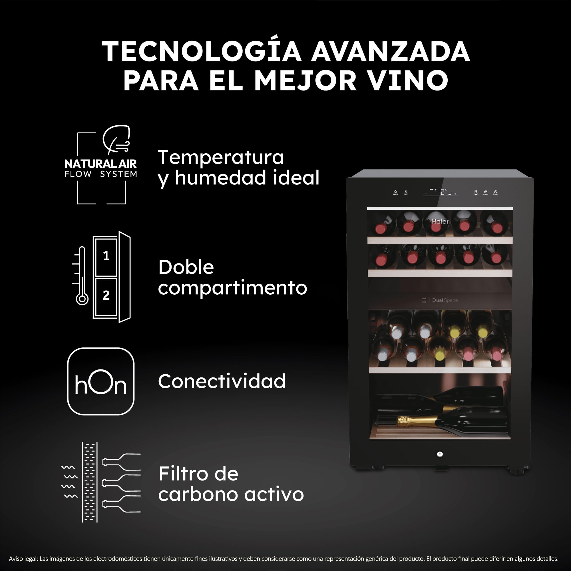 Haier Wine Bank 50 Series 7 HWS42GDAU1- Vinoteca de 42 botellas, Estantes de madera, Filtro Anti-UV, Filtro de carbón, Refrigeración por Compresor, Display Digital, Iluminación LED, Silenciosa 37 dbA