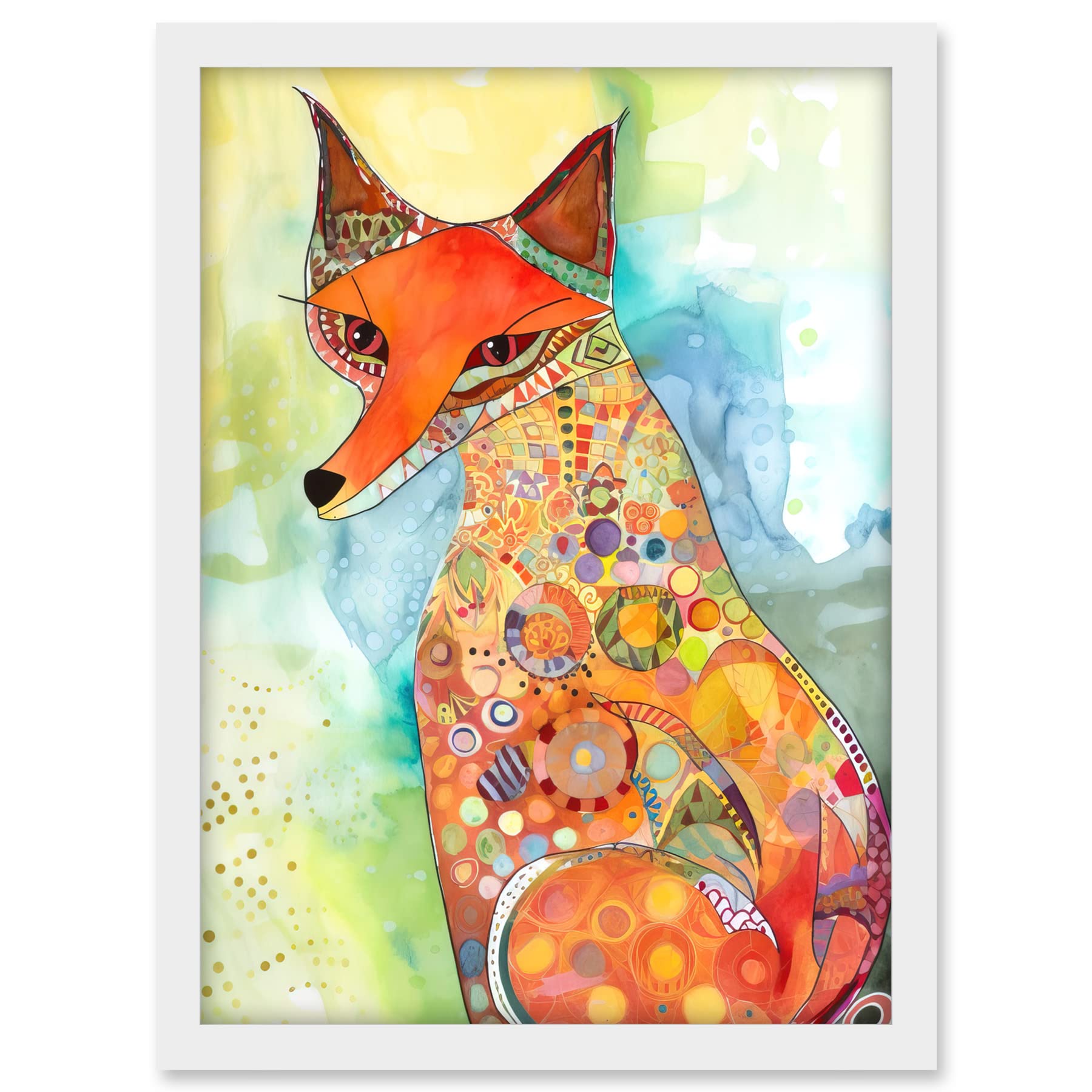 Artery8 Sitting Fox Folk Art Watercolour Painting Artwork Framed A3 Wall Art Print