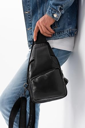 Hakiki Deri Erkek Siyah Çapraz Askılı Çanta/Çapraz Göğüs Çantası Omuz Çantası Body Bag Siyah