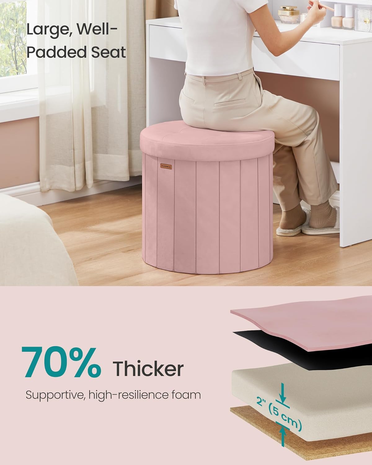 SONGMICS Mazie Collection - Round Storage Ottoman, Folding Footrest Stool with Removable Lid, Easy Assembly, Velvet Vanity Stool for Bedroom, Living Room, Entryway, Jelly Pink ULSF608R01 - Image 5