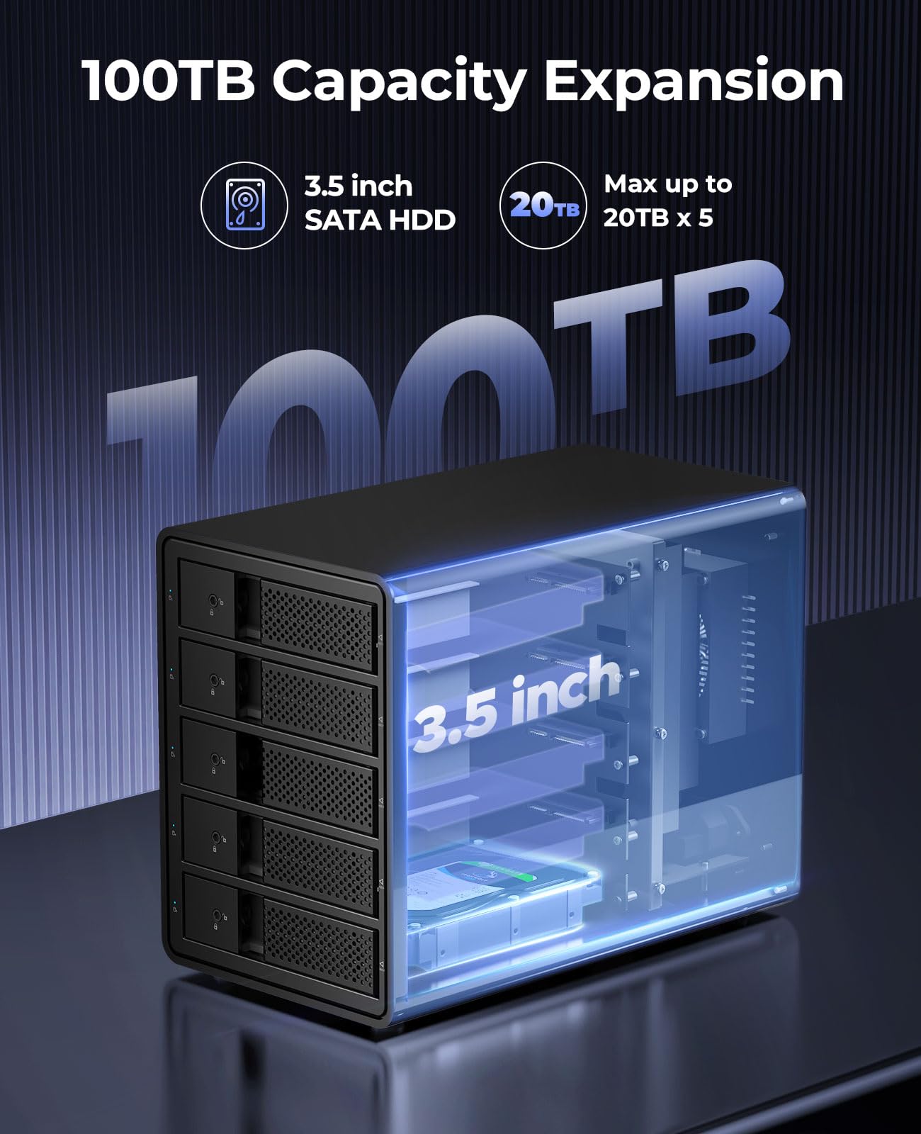 ORICO RAID Case Esterno per Disco Rigido USB3.0, Alluminio 5 Baia Custodia per 3,5 Pollici SATA HDD/SSD, Supporto RAID 0/1/5/10, 5x16TB(9558RU3)