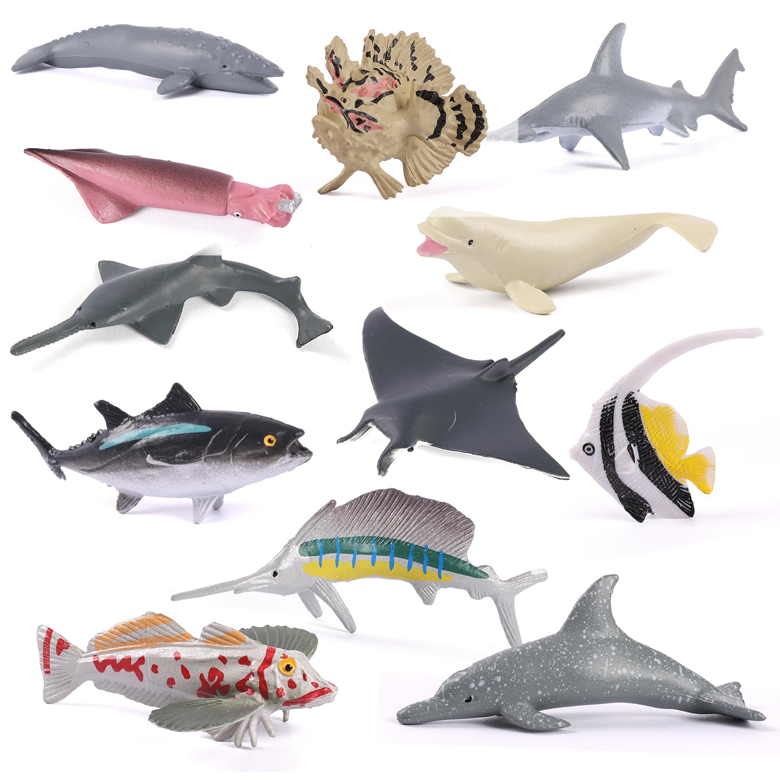 Maxmoc 12pcs Sea Animals Toys for Kids,Mini Animal Toys Plastic Realistic with shark, Dolphin, swordfish, Lionfish, tuna