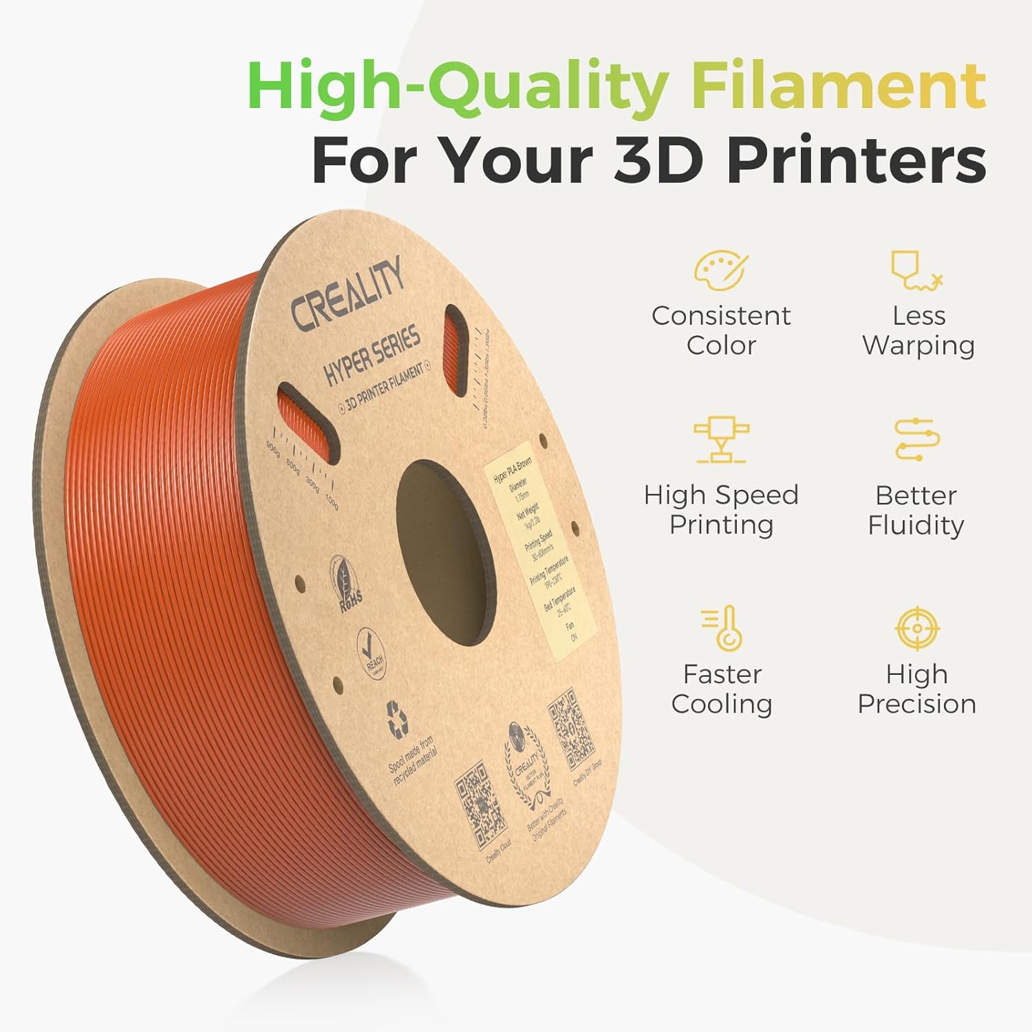 Creality Hyper PLA filamentspole med ikoner, der repræsenterer ensartet farve, mindre vridning, højhastighedsudskrivning, bedre flydeevne, hurtigere afkøling og høj præcision.