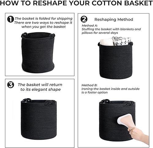 Miniatura 7 de Goodpick Paquete de 3 cubos de almacenamiento de cuerda tejida para organización de armario y estantes, cestas redondas decorativas negras para
