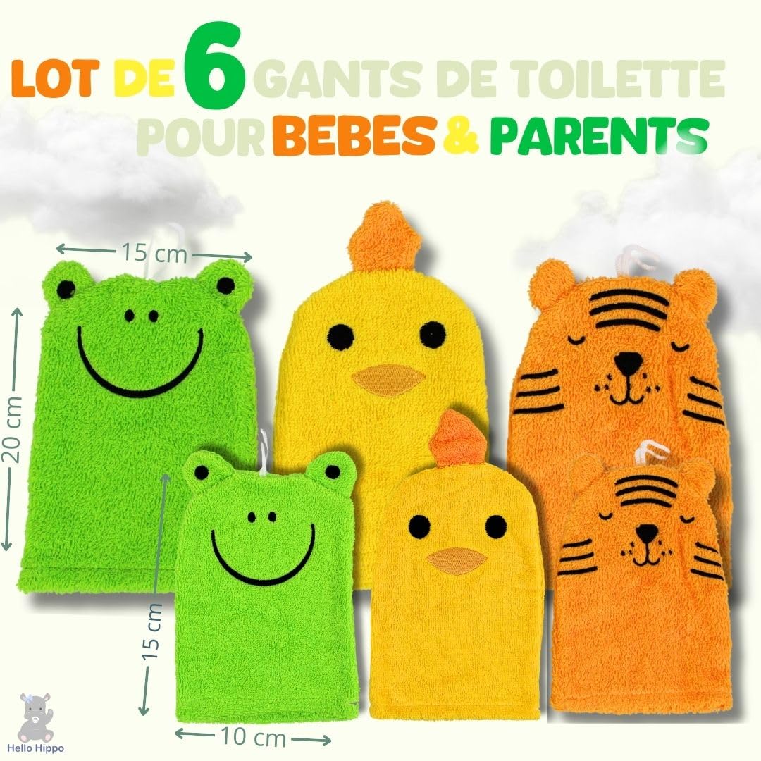 Hello Hippo® Lot de 6 Gants de Toilette Bébé & Parents – Gants Douche Coton – Tigre, Grenouille, Poussin – 3 Gants Parents + 3 Enfants – Débarbouillette Lavable
