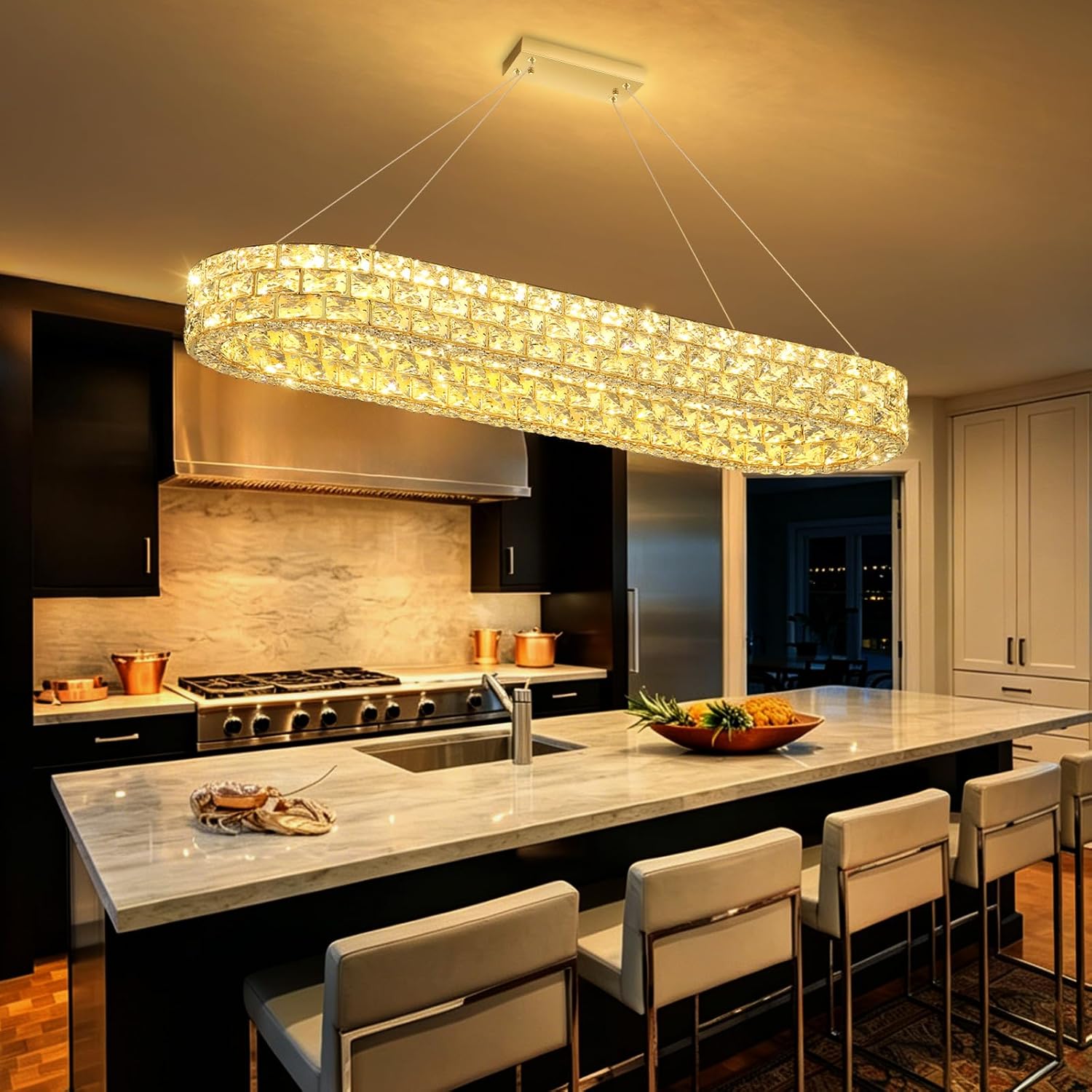 L40 xW12 Long Chandeliers for Dining Room LED Dimmable Pendant Lights for Kitchen Island Modern Crystal Chandelier Lighting Gold Light