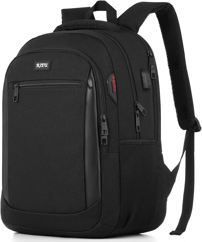 RJEU Mochila para portátil de viaje, mochila escolar con puerto de carga USB para hombres, mujeres, niños y niñas, Negro -, 39,63 cm