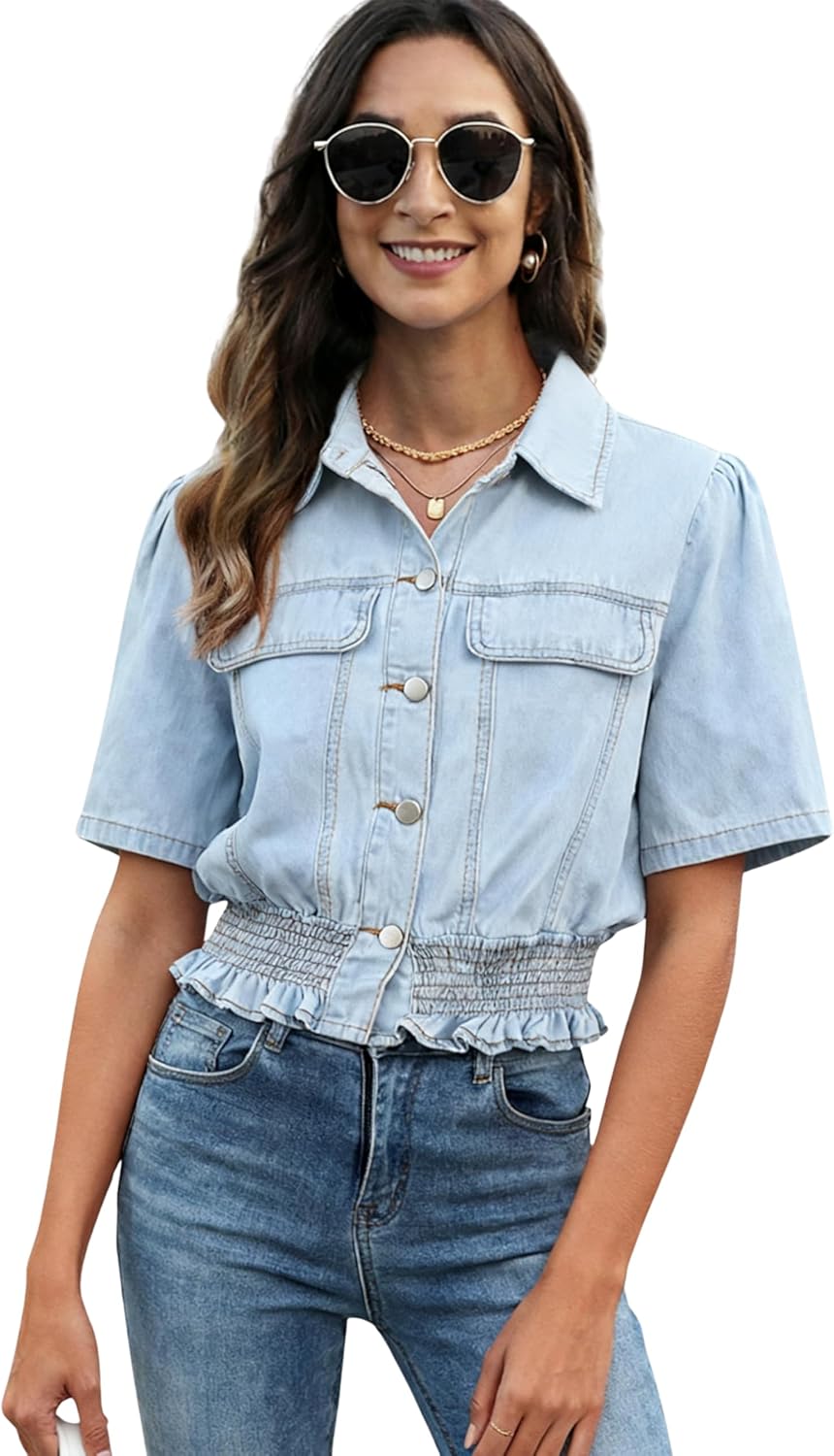 Omoone Women's Short Sleeve Denim Shirt Peplum Ruffle Hem Denim Crop Top Jackets Cowgirl Outfits - Image 2