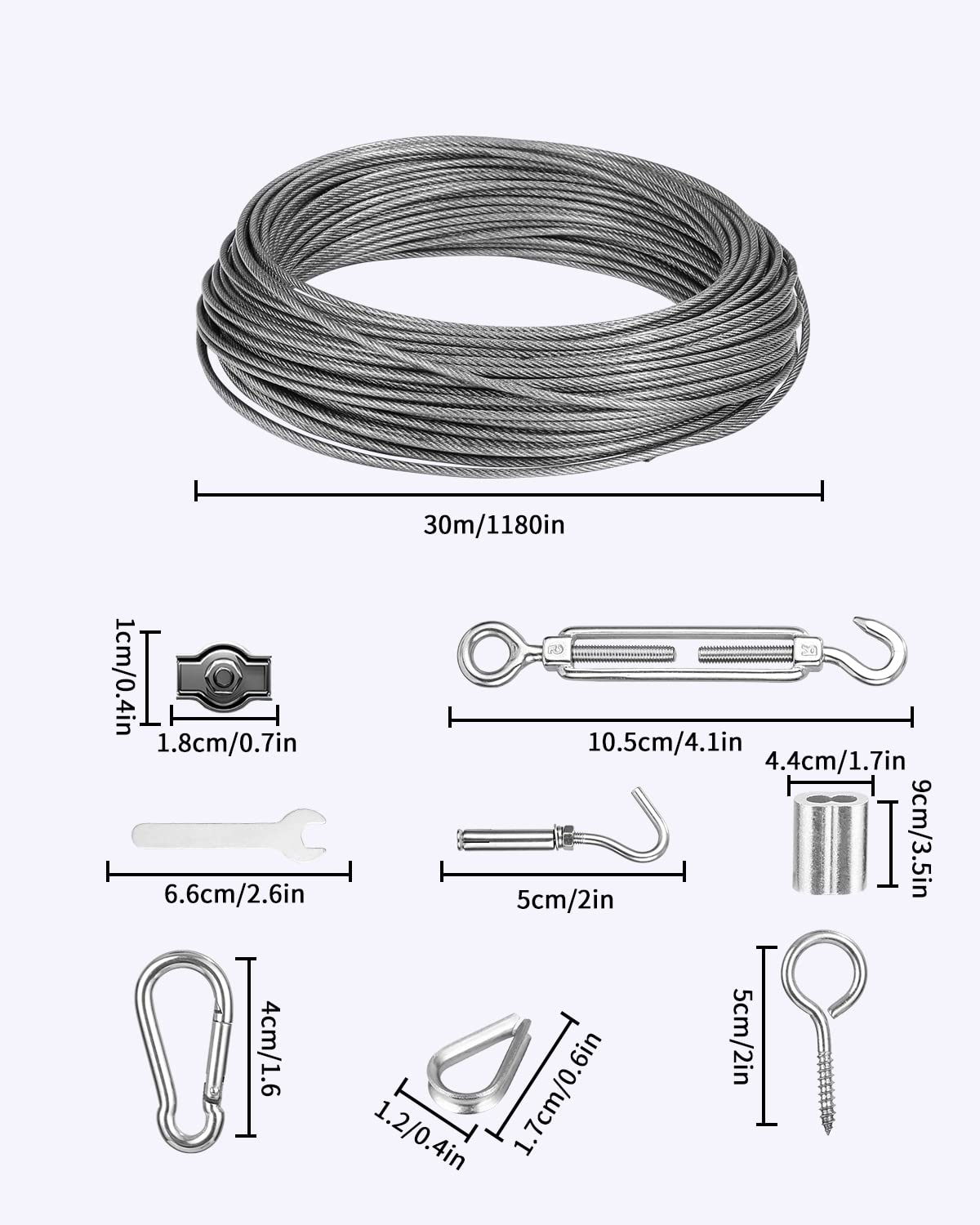 2mm Stahlseil Kit, 30m Drahtseil Edelstahl Spanndraht, Ummantelt Rankhilfe Drahtseil mit ösen Drahtseilklemme, für Kletterpflanzen, String Light Suspension, Wäscheleine Stahlseil