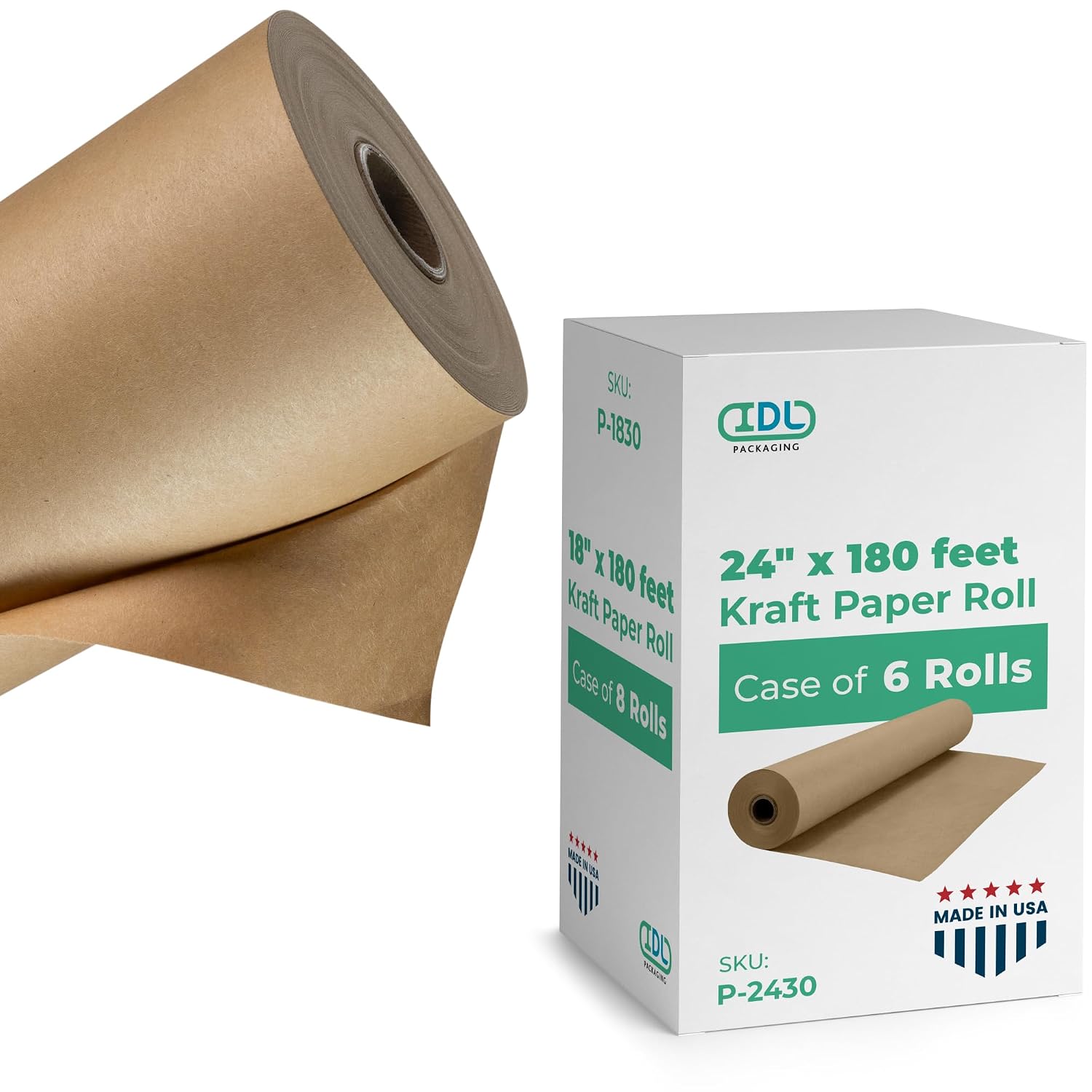 IDL Packaging Brown Kraft Paper Roll 24" x 180 feet (2160 inches) (Case of 6) - Perfect Paper for Packing - Kraft Wrapping Paper for Moving - Floor Masking Paper - 100% Recycled Paper