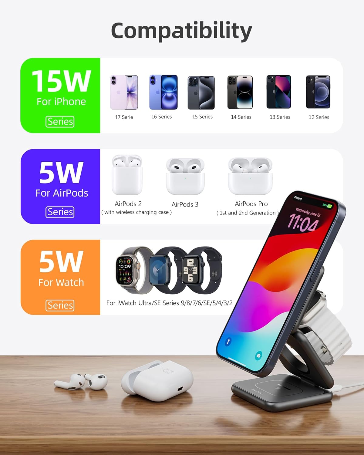 Foldable 3 in 1 Charging Station, Qi2-Certified 15W Magnetic Wireless Charger Stand, KU XIU X40Q Aluminum Alloy Travel Charger for iPhone 17/16/15/14, 5W for Apple Watch, AirPods, 45W PD Adapter, Gray