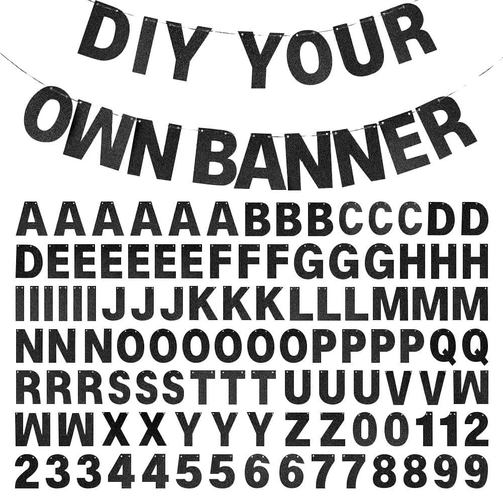 JIHUOO Customizable Banner Kit - Black, Height 12.5cm, 107 Pcs Letters & Numbers, 18m Rope - Custom Banner for Birthdays, Weddings, Graduations