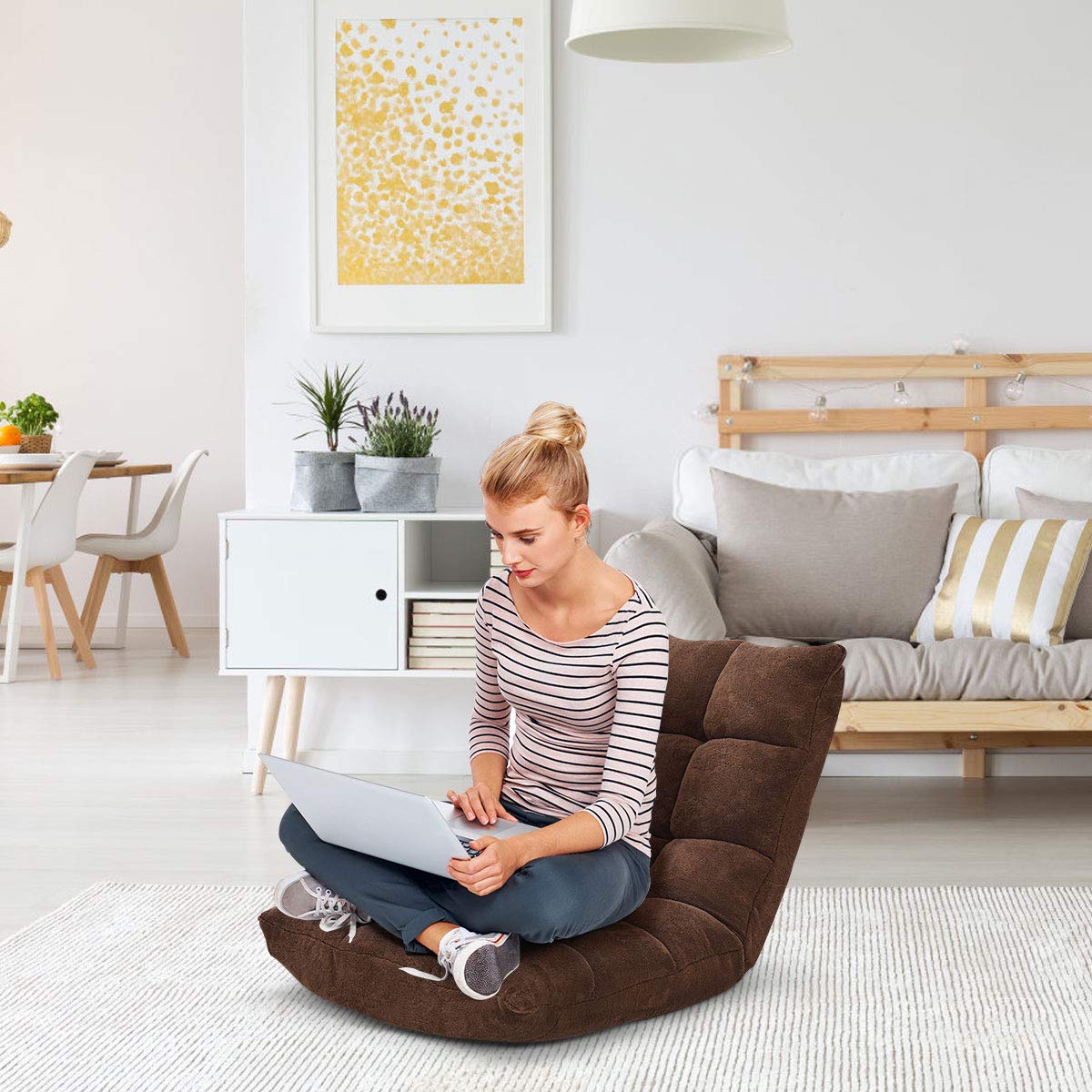 GOPLUS Krzesło podłogowe, sofa podłogowa z oparciem, fotel podłogowy z funkcją spania, krzesło piętro chair, Lazy sofa, krzesło do medytacji do salonu i na balkon (brązowe)