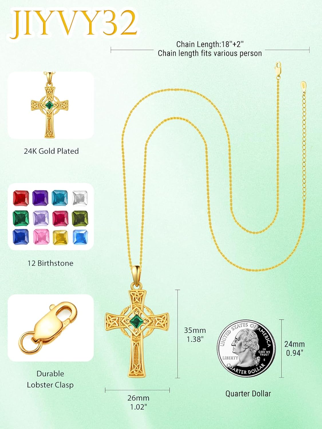 Valentine's Day Irish Jewelry Celtic Cross Necklaces for Women Anniversary Birthday Gift Protection Christian Cross with Square Birthstone - Image 2