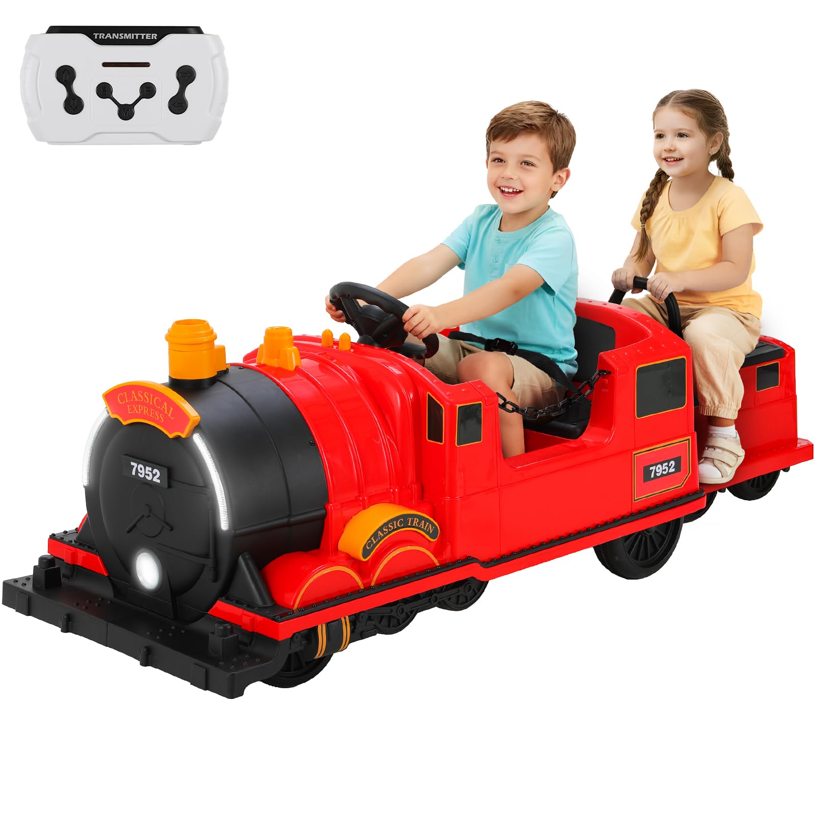 Mamizo Elektro Zug Lokomotive mit Waggon Für Kinder 3-8 Jahren,Wohnzimmer, Garten - 12V Batterie, Elektrisch Mit Fernbedienung, MP3, Musik, Hupe,LED-Streifen,USB,Schaukelmodus- Rot, 4 pcs Räder