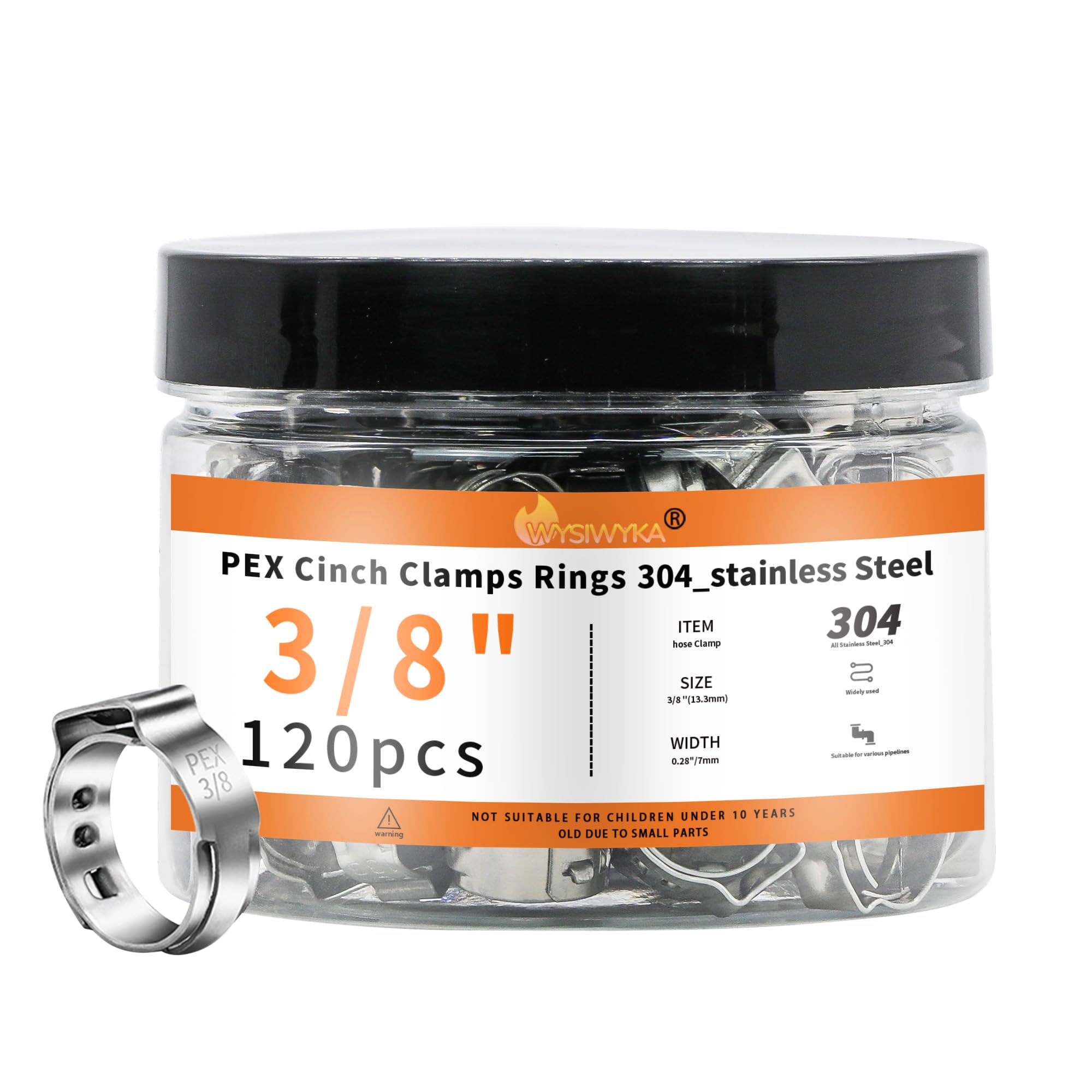 WYSIWYKA 120pcs 3/8 inch PEX Cinch Clamps Rings, 304 Stainless Steel Single Ear Hose Clamps, Pex Crimp Rings for PEX Tubing Pipe Fitting Connections