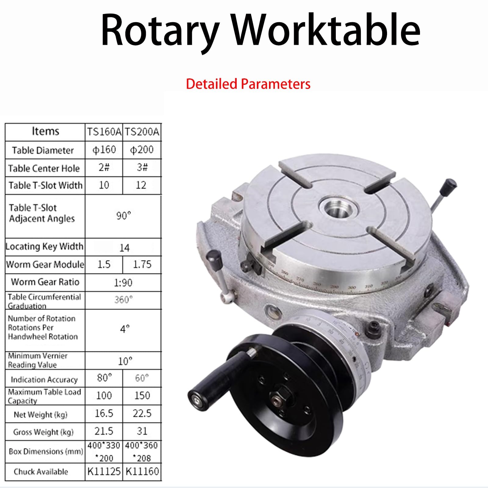 Mesa Rotativa TS160A/TS200A Para Fresadoras, Indexación 360° De Alta Precisión, Para Taladrado O Fresado De Indexación, Mecanizado De Superficies Circulares Y Líneas Rectas(200mm)
