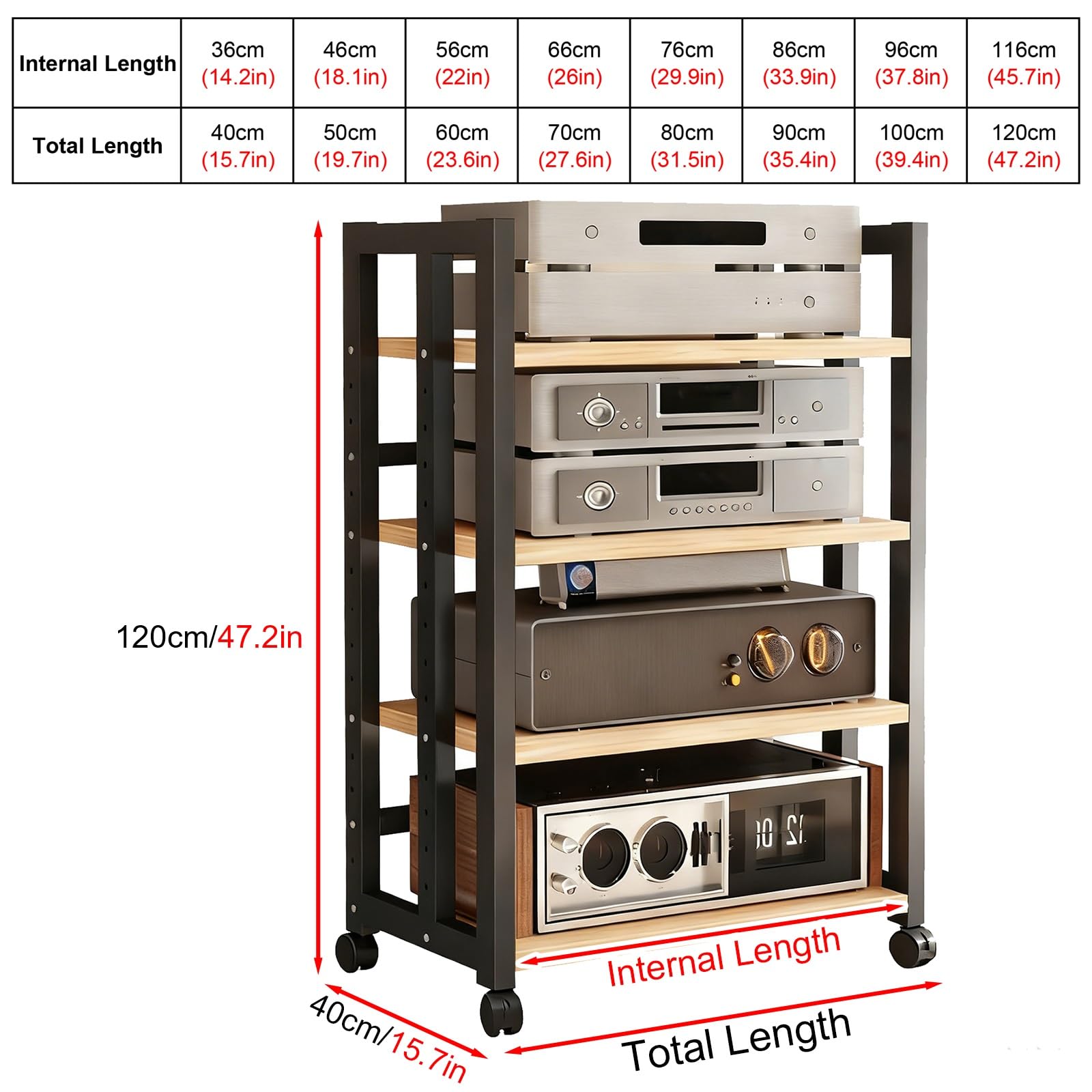 Chariot de matériel audio à roulettes robuste, étagère réglable en bois pour économiser de l'espace - Rack stéréo AV pour bureau, chambre à coucher et salon (100 cm)