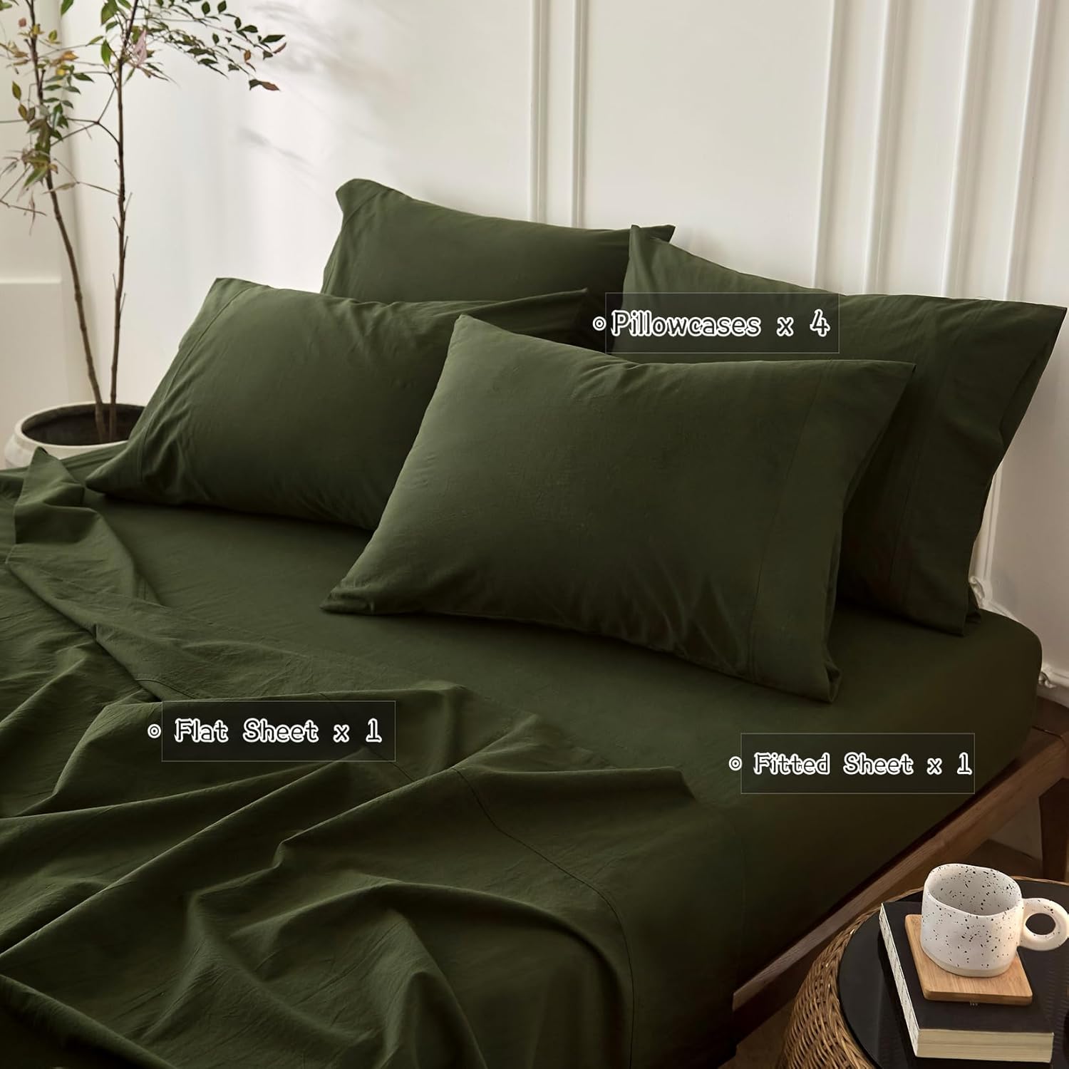 6PS Olive Green King Size Bedding Sets Linen Like Cotton Bed Set Oeko-TEX Standard 100% Washed Cotton Deep Pocket King Size Fitted Sheet Plus Cozy Flat Sheet and 4 Pillowcases
