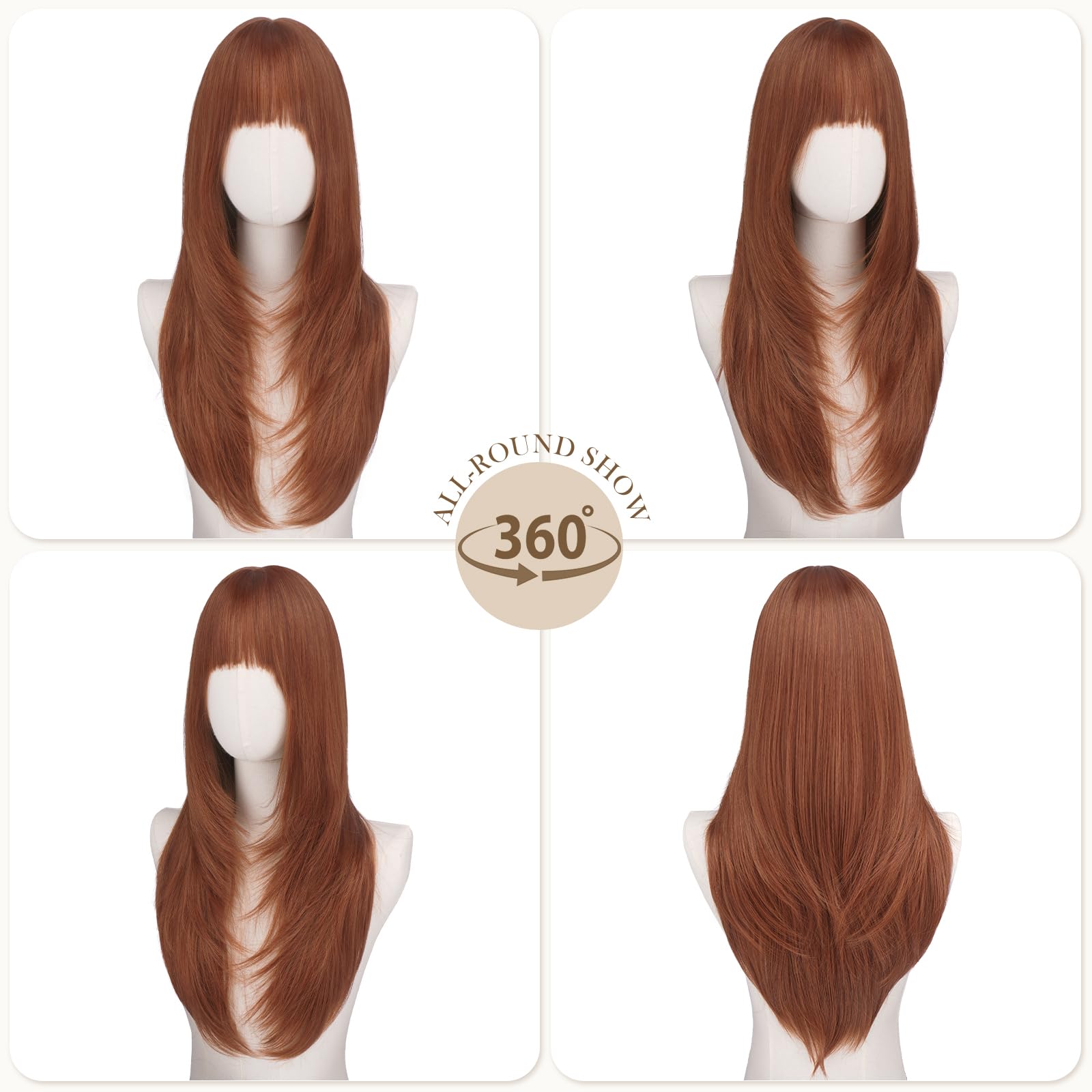 FESHFEN Lisci Parrucca con Frangia - Lunghe a Strati Rame Rosso Parrucche per Donna Naturali Sintetico Parrucca Capelli Lunghi Dritto Layered per Festa Quotidiano, 60 cm