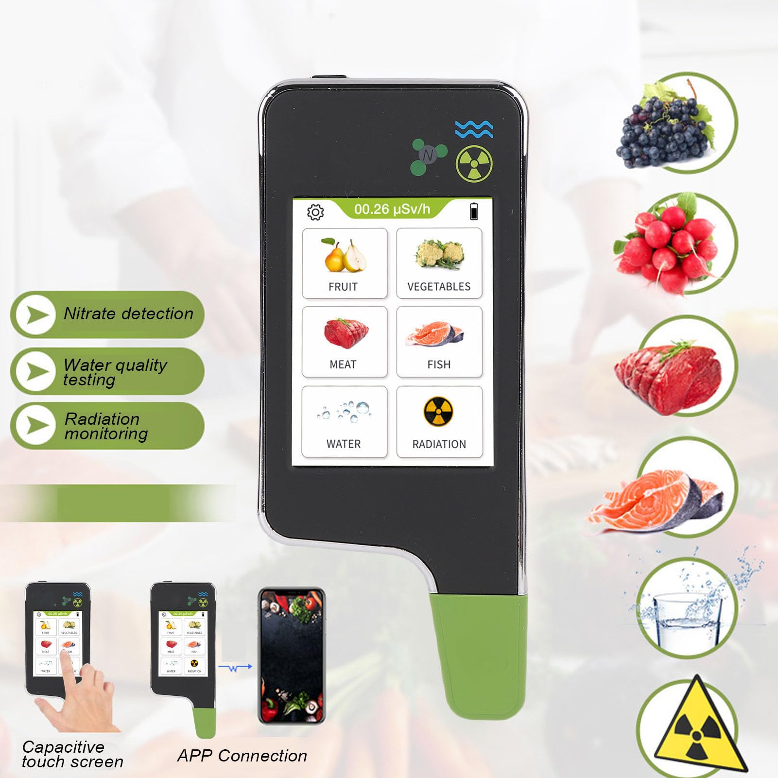 KUIDAMOS Probador de Nitrato Multifuncional Portátil para Pruebas de Seguridad Alimentaria en el Hogar con Detección de Radiación, Compacto y Rápido para Uso en Movimiento Escena aplicable: Cocina