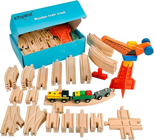Miniatura 6 de Juego de 62 vías de tren de madera, accesorios de sistemas ferroviarios de madera, paquete de expansión con tren + grúa, para niños de 3 a 10 años,