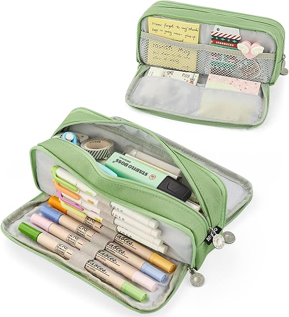 Coolzon Large Pencil Case for Girls Boys, Big Capacity Pencil Cases with 3 Compartments Pen Bag Pouch Holder Stationery Organizer Makeup Cosmetic Bag for Kids Women Men Teenagers Students,Green