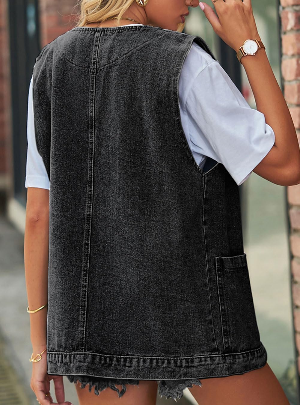 Denim Weste Damen Jeansweste Jeansjacke Oversized Boyfriend Locker Ärmellos Hoodie Jacke Mantel mit Taschen
