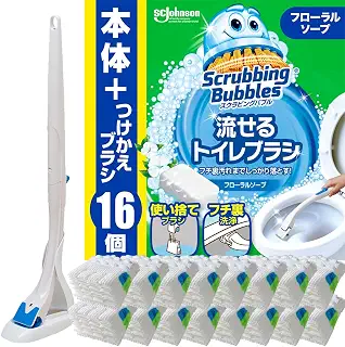 スクラビングバブル (Scrubbing Bubbles) 流せるトイレブラシ フローラルソープの香り 本体+付け替え用 (16個) 掃除 洗剤 使い捨て シート 道具 用具 黒ずみ まとめ買い
