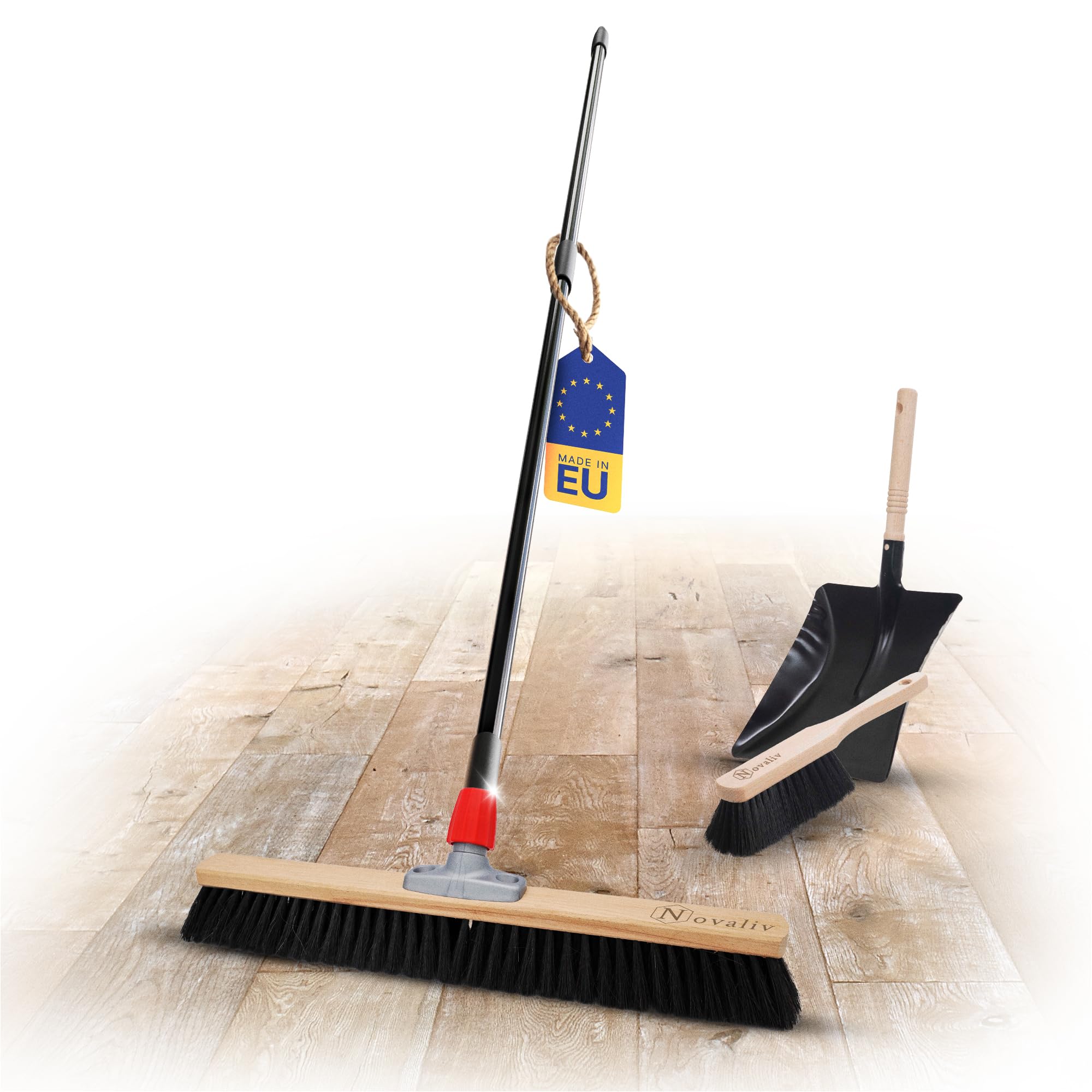 Novaliv Scopa grande, 60 cm, manico telescopico, setole sintetiche, con scopa nera, composta da paletta e scopa a mano, scopa fine scopa da officina, scopa industriale con manico