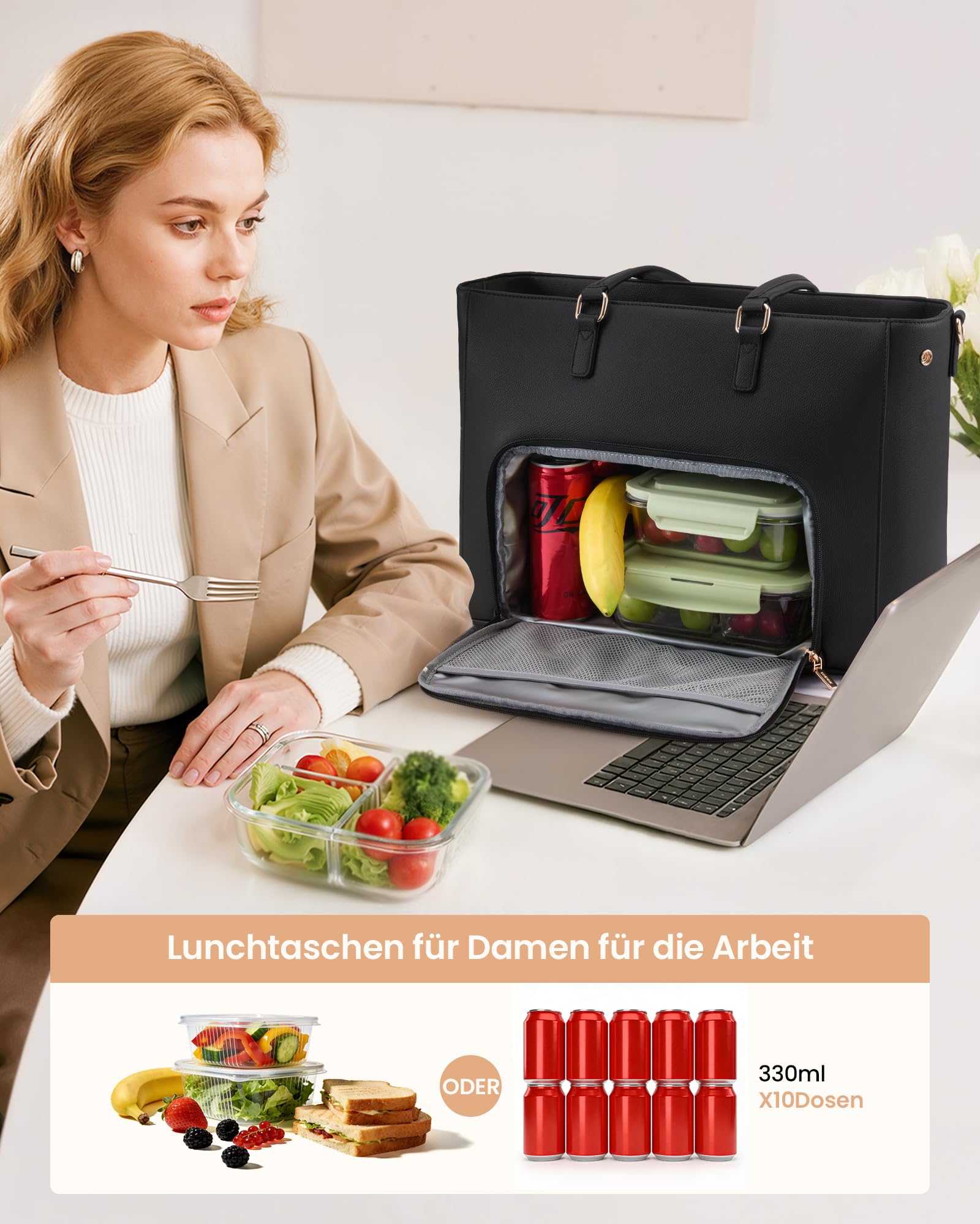 LOVEVOOK Laptoptasche Damen, Arbeitstasche mit Isoliertem Kühlfach Groß | 15,6 Zoll Laptop Handtasche Lunchtasche, Wasserdicht PU Leder Aktentasche, Lehrertasche Schultertasche für Business Büro Uni