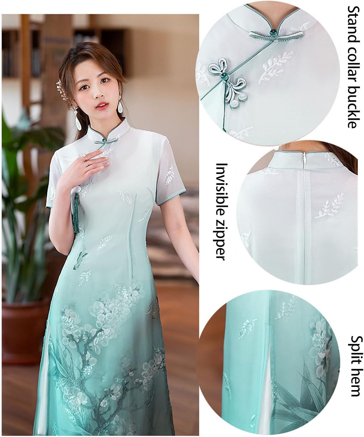 RZIHOI Traditional Ao Dai Vietnamese Dress for Women Chiffon Embroidered Cheongsam Spring Summer Qipao Chinese Style Dresses