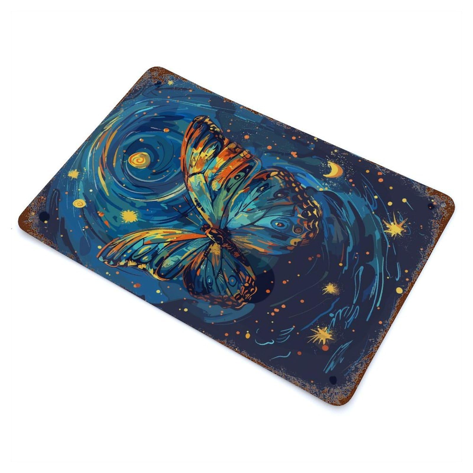 Garage Style Butterfly in A Starry Night Rustic Tin Plaque 11.8"x7.9", Classic Wall Plaque for Bar And Workshop