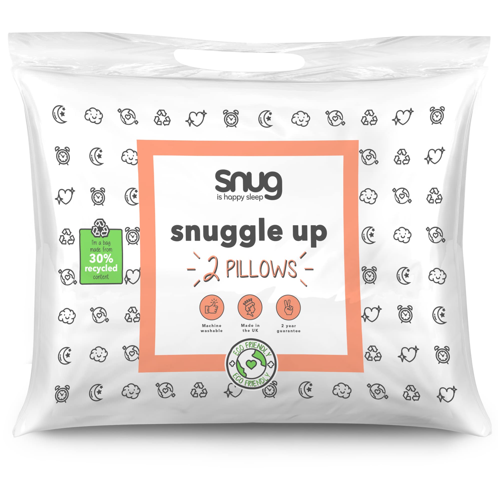 SnugSnuggle Up Pillows 2 Pack - Pack of 2 Cosy Soft Bed Pillows Made From Recycled Materials, Machine Washable and Hypoallergenic - Pair