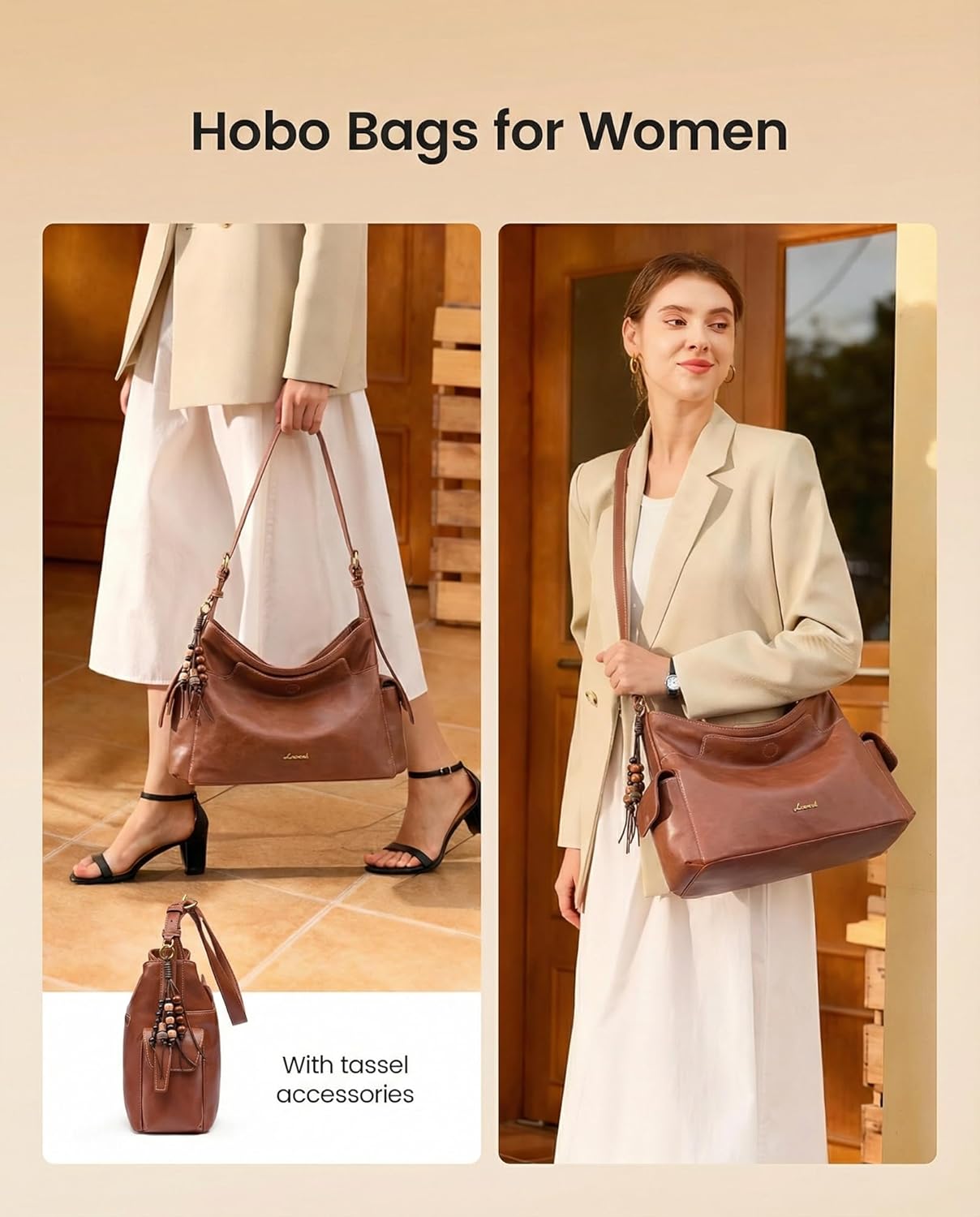 LOVEVOOK Hobo Purses for Women,Soft Faux Leather Crossbody Purse with Tassel Charms,Women's Shoulder Handbags for Daily Medium Brown