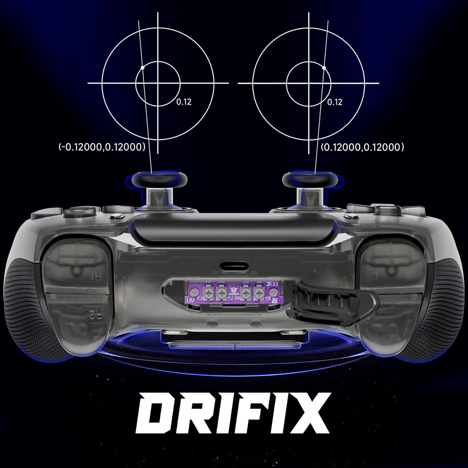 HEXGAMING ULTIMATE PRO Controller showing the Drifix module for stick drift adjustment.