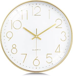 Lafocuse 12 Inch Gold Wall Clock Silent Non Ticking with 3D Numbers, Modern Gold Clocks Battery Operated Horloge Murale for Living Room Bedroom Kitchen