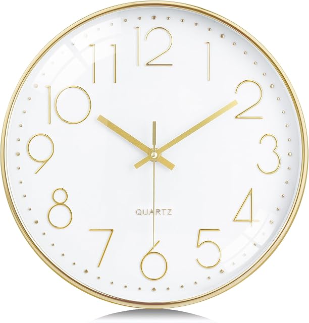 Lafocuse 12 Inch Gold Wall Clock Silent Non Ticking with 3D Numbers, Modern Gold Clocks Battery Operated Horloge Murale for Living Room Bedroom Kitchen