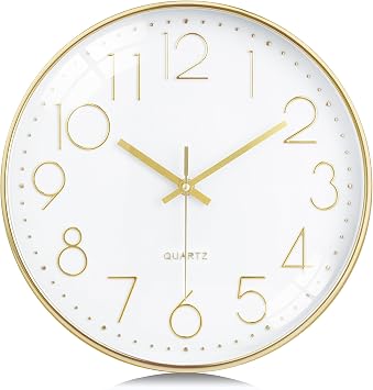 Lafocuse Silent 12 Inch 3D Numbers Gold Wall Clock for Living Room Home Decor, Battery Operated Gold Clock Wall Decor Analog for Kitchen Bedroom Office