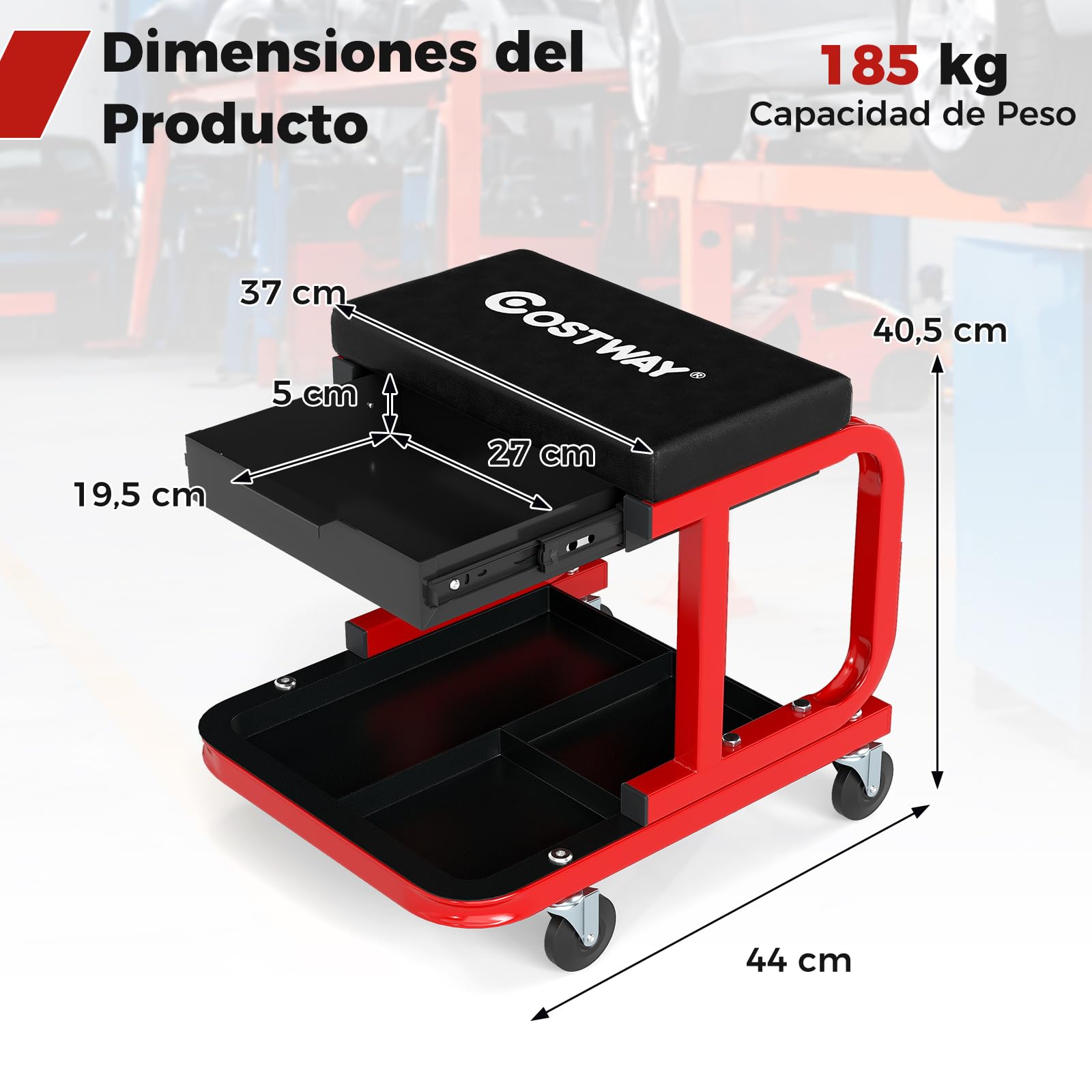COSTWAY Taburete de Taller con Ruedas, Taburete Mecánico Acolchado con Cajón, Bandeja para Herramientas, Capacidad de Carga de 185 kg, Asiento Giratorio para Garaje, Reparación de Automóviles (Negro)