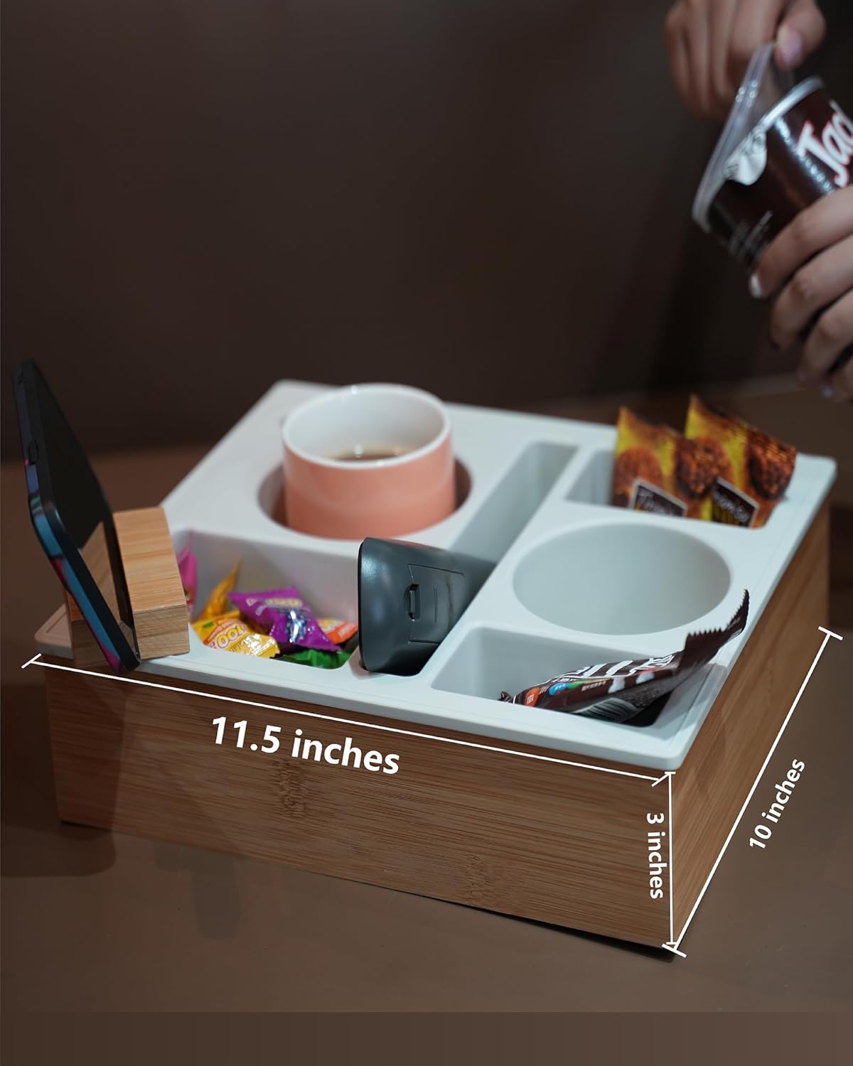 Couch Cup Holder Tray, Handy Silicone Bamboo Couch Caddy with Rotatable Phone Holder for Bed Car Seat Organizer, Waterproof Anti-Spill Sofa Cup Holder for Snacks Beverage Remote (White)