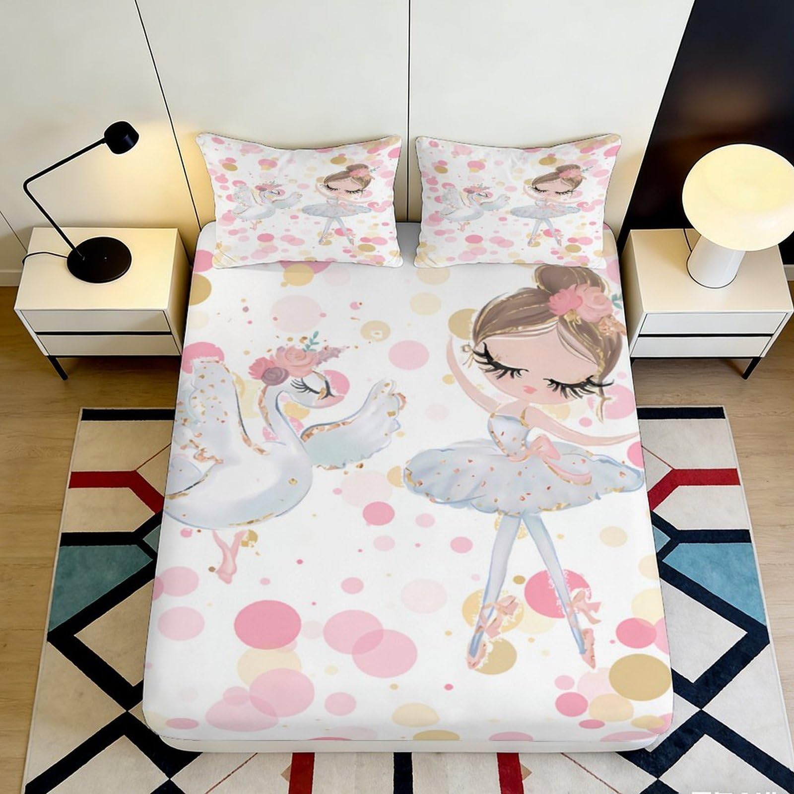 3D Printed Ballerina Swan Fitted Sheet Microfiber Soft Pink Dots Mattress Cover for Bedroom Guest Room Decor 90x200x25cm