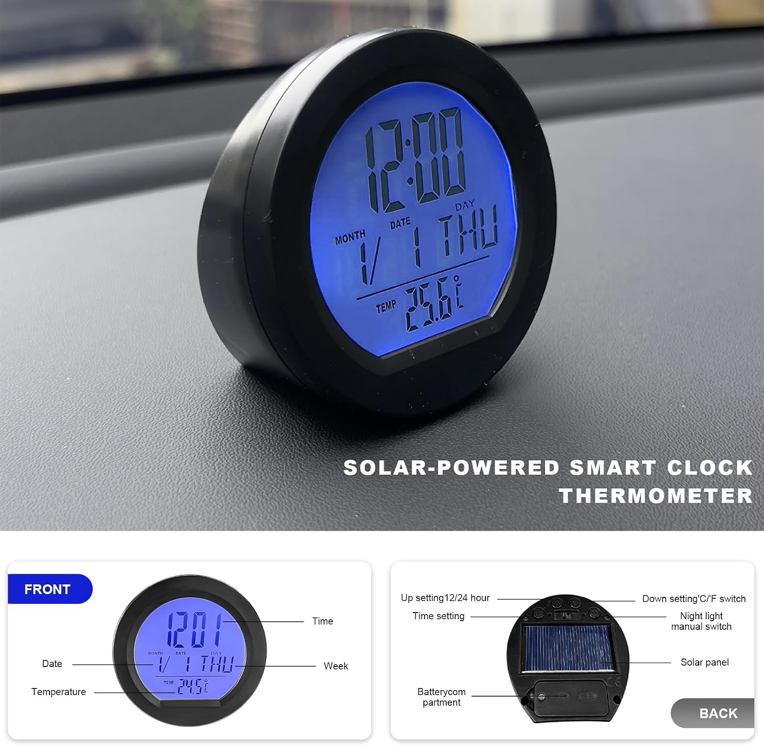 Car Digital Thermometer Clock, Solar Powered Mini Dashboard Clock with Date & 12/24 Hour Format Time, Adhesive LCD Display Watch with Backlight for Vehicle Office Home image 3